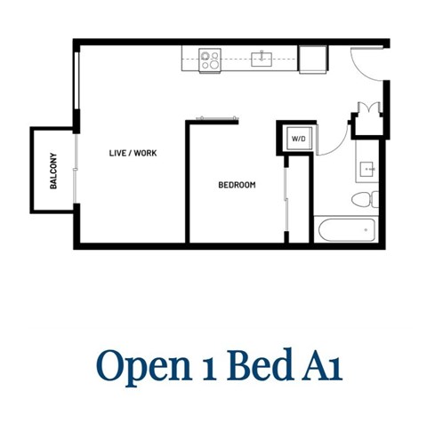 A black and white image of a floor plan for an Open 1 Bed Apartment.